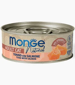 MONGE CAT UMIDO LATTINA NATURAL TONNO PINNE GIALLE SALMONE GR 80
