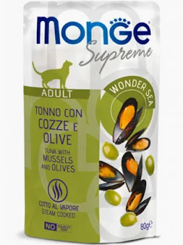 MONGE CAT UMIDO BUSTA ADULT SUPREME TONNO COZZE OLIVE GR 80